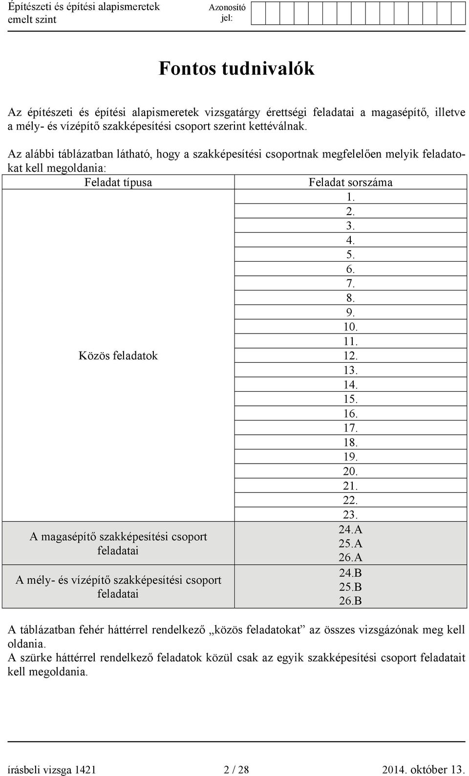 13. 14. 15. 16. 17. 18. 19. 20. 21. 22. A magasépítő szakképesítési csoport feladatai A mély- és vízépítő szakképesítési csoport feladatai 23. 24.A 25.A 26.A 24.B 25.B 26.