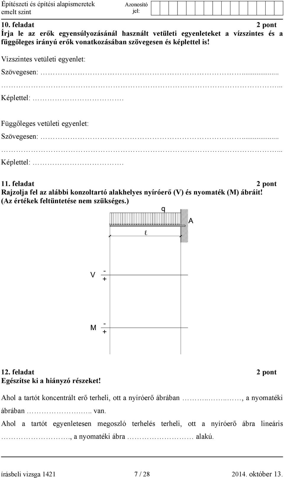 feladat 2 pont Rajzolja fel az alábbi konzoltartó alakhelyes nyíróerő (V) és nyomaték (M) ábráit! (Az értékek feltüntetése nem szükséges.) 12.