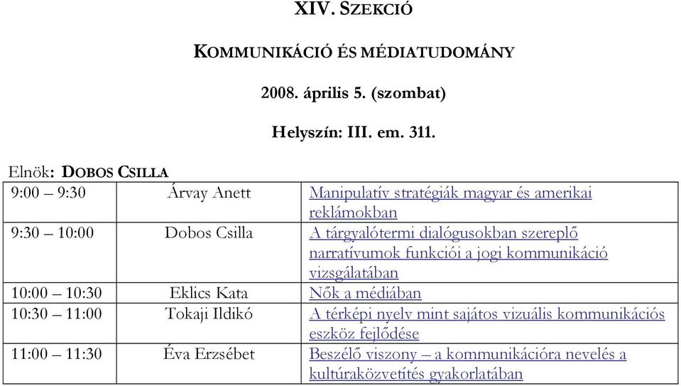 dialógusokban szereplő narratívumok funkciói a jogi kommunikáció vizsgálatában 10:00 10:30 Eklics Kata Nők a médiában 10:30 11:00