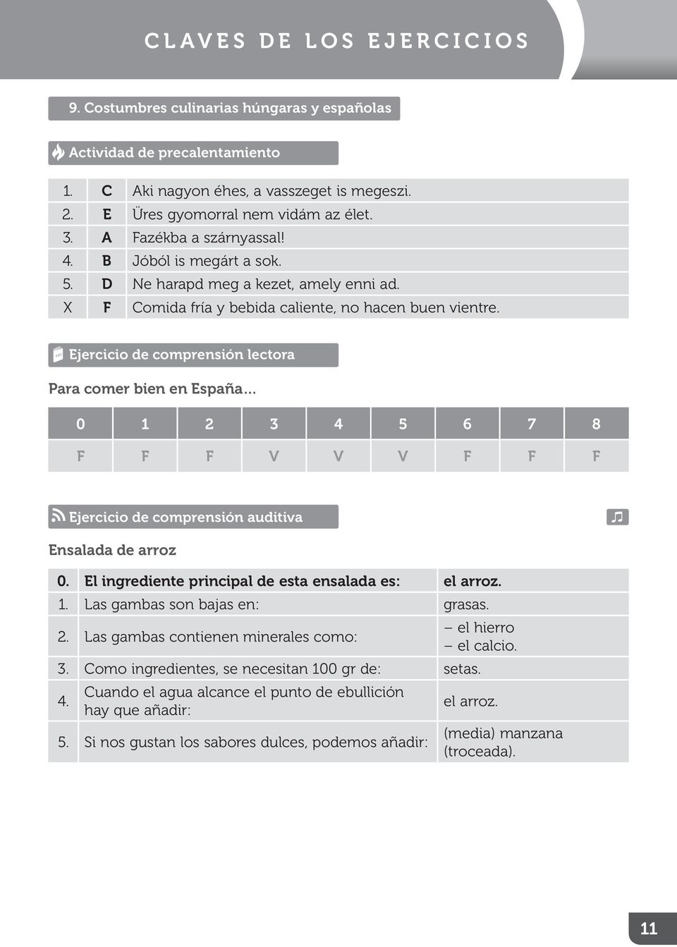 Para comer bien en España 0 1 2 3 4 5 6 7 8 F F F V V V F F F Ensalada de arroz 0. El ingrediente principal de esta ensalada es: el arroz. 1. Las gambas son bajas en: grasas. 2. Las gambas contienen minerales como: el hierro el calcio.