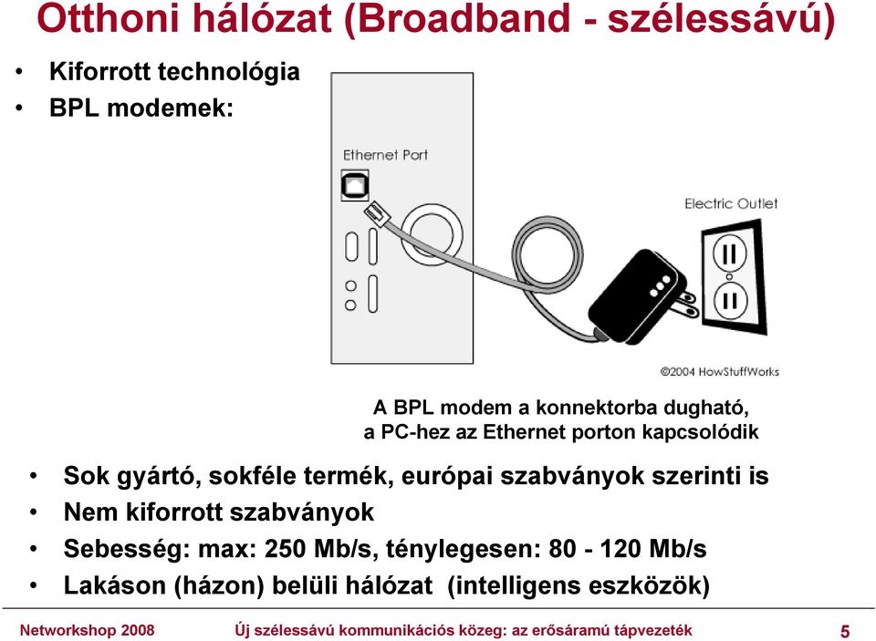 szerinti is Nem kiforrott szabványok Sebesség: max: 250 Mb/s, ténylegesen: 80-120 Mb/s Lakáson (házon)