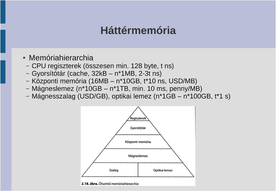 memória (16MB n*10gb, t*10 ns, USD/MB) Mágneslemez (n*10gb n*1tb,