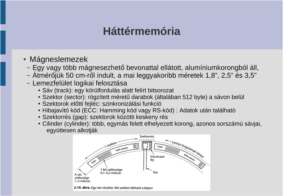 darabok (általában 512 byte) a sávon belül Szektorok előtti fejléc: szinkronizálási funkció Hibajavító kód (ECC: Hamming kód vagy RS-kód) : Adatok után