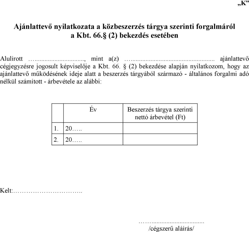 (2) bekezdése alapján nyilatkozom, hogy az ajánlattevő működésének ideje alatt a beszerzés tárgyából származó -