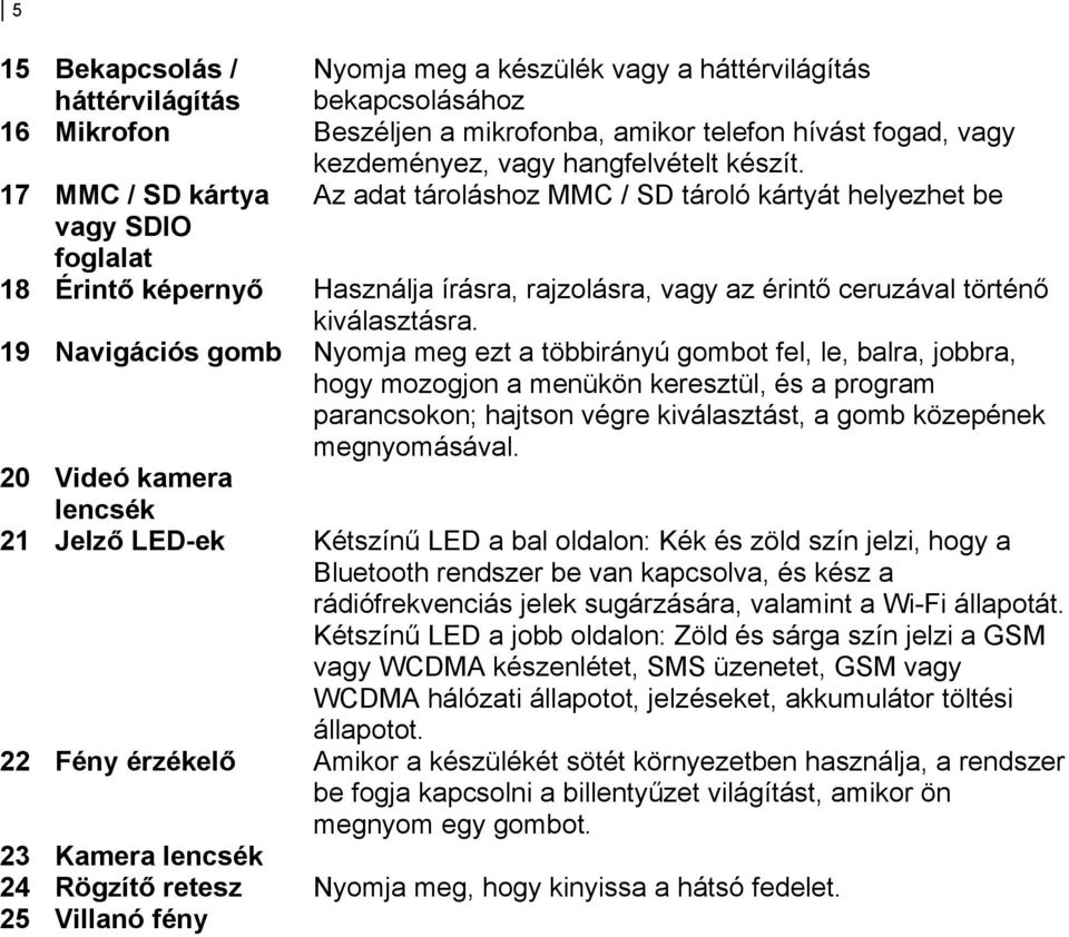 19 Navigációs gomb Nyomja meg ezt a többirányú gombot fel, le, balra, jobbra, hogy mozogjon a menükön keresztül, és a program parancsokon; hajtson végre kiválasztást, a gomb közepének megnyomásával.