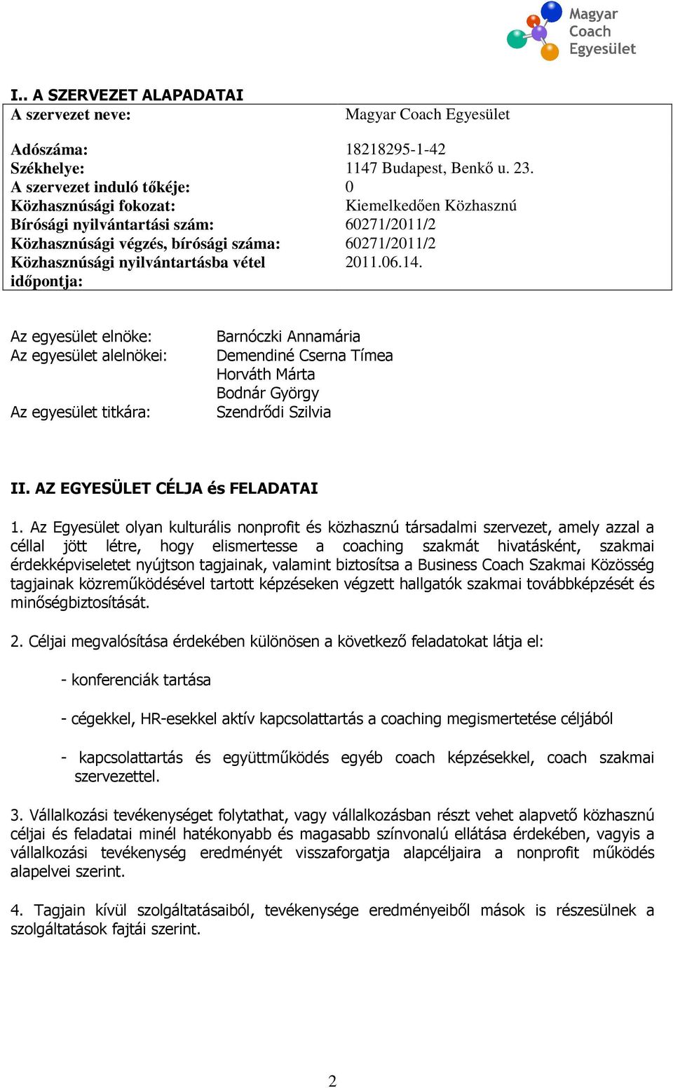 vétel 2011.06.14. időpontja: Az egyesület elnöke: Az egyesület alelnökei: Az egyesület titkára: Barnóczki Annamária Demendiné Cserna Tímea Horváth Márta Bodnár György Szendrődi Szilvia II.