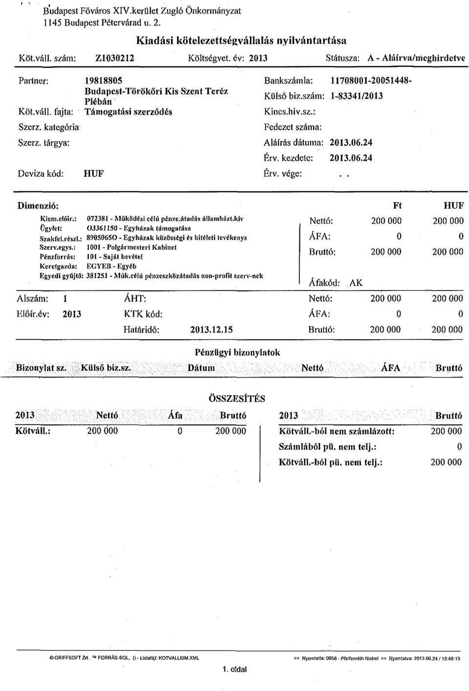 tárgya: Deviza kód: 19818805 Bankszámla: 11708001-20051448- Budapest-Törökőri Kis Szent Teréz Kü sö fe l_ 8 3341/2013 Plébán Támogatási szerződés Kincs.hiv.sz.: HUF Fedezet száma: Aláírás dátuma: 2013.