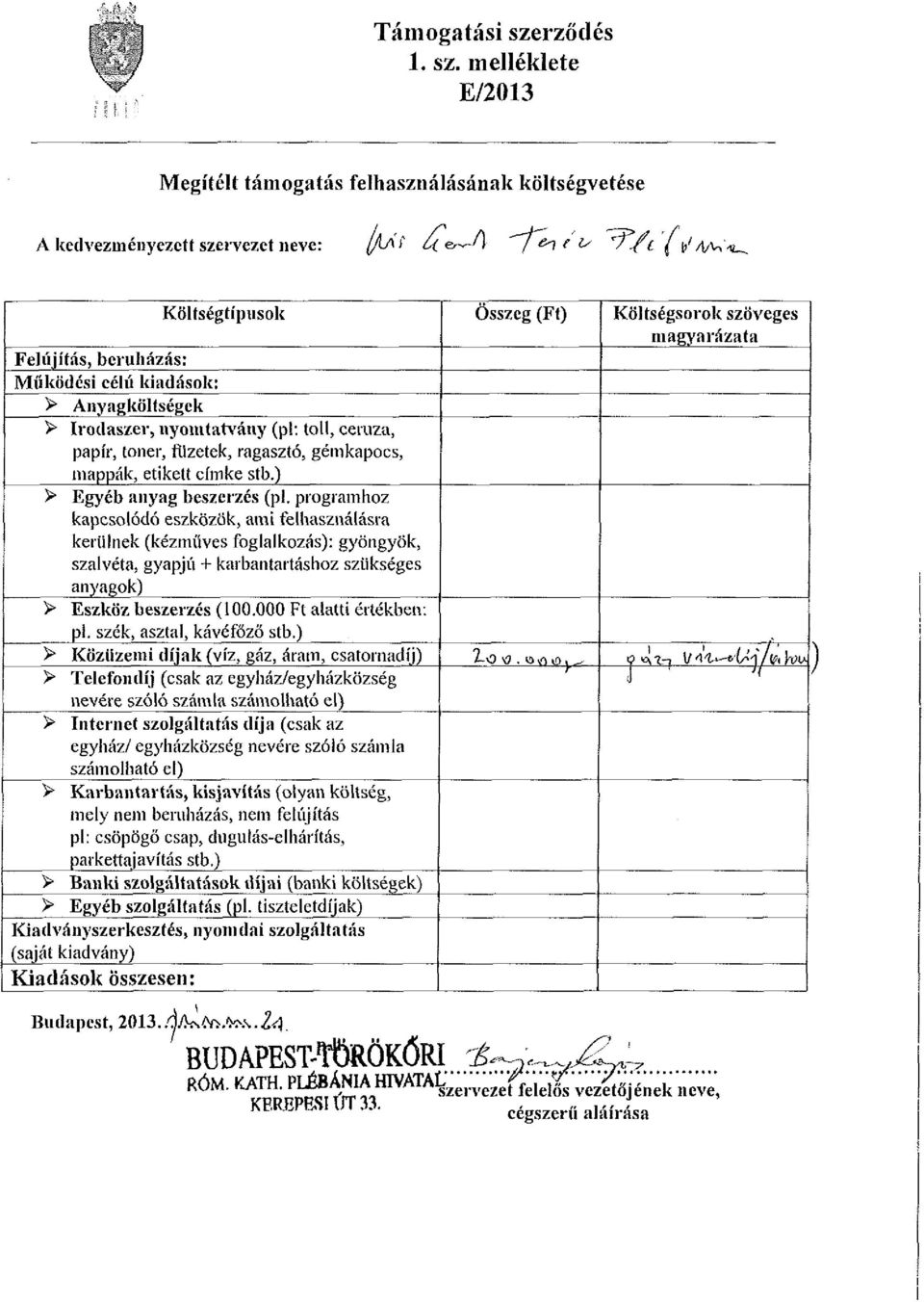 melléklete E/2013 Megítélt támogatás felhasználásának költségvetése A kedvezményezett szervezet neve: (JU^i ^6^1 / &i e is /-fcl^am^ Költségtípusok Felújítás, beruházás: Működési célú kiadások: >