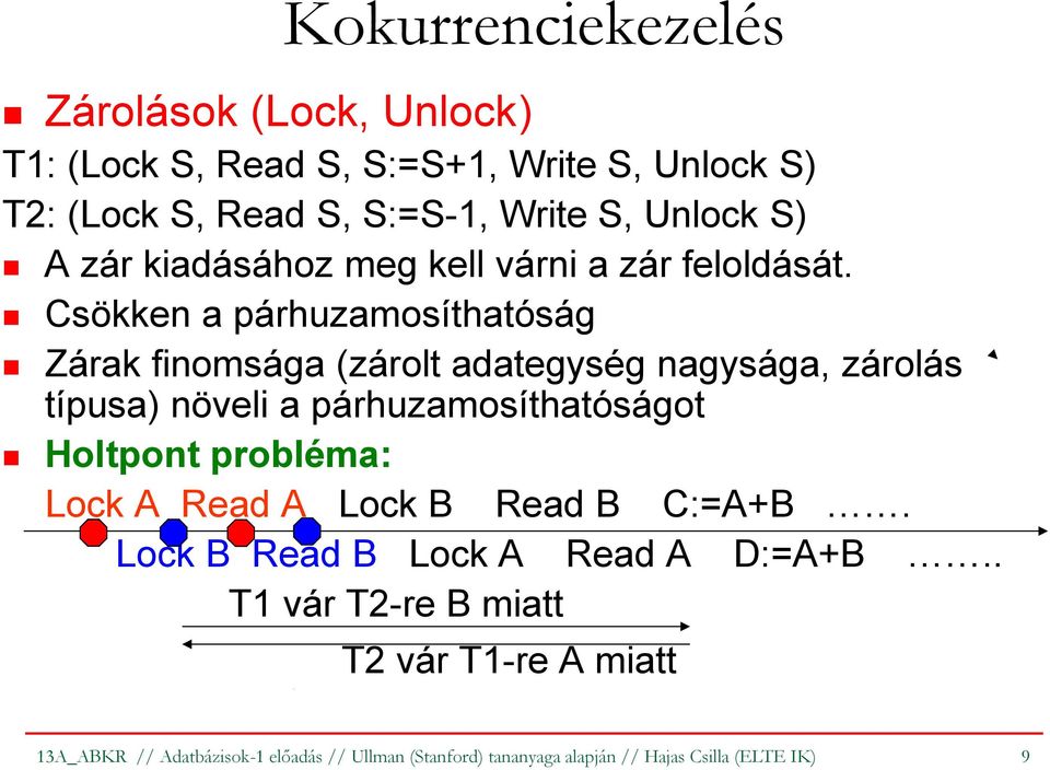 Csökken a párhuzamosíthatóság Zárak finomsága (zárolt adategység nagysága, zárolás típusa) növeli a párhuzamosíthatóságot Holtpont