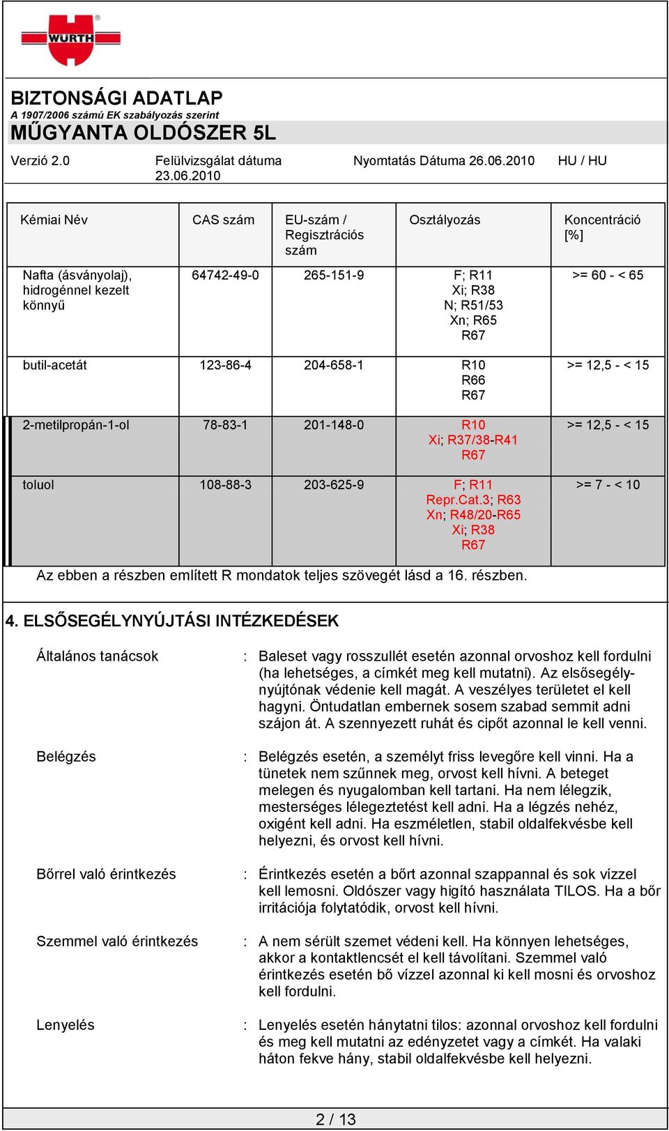 3; R63 Xn; R48/20-R65 Xi; R38 R67 >= 12,5 - < 15 >= 12,5 - < 15 >= 7 - < 10 Az ebben a részben említett R mondatok teljes szövegét lásd a 16. részben. 4.