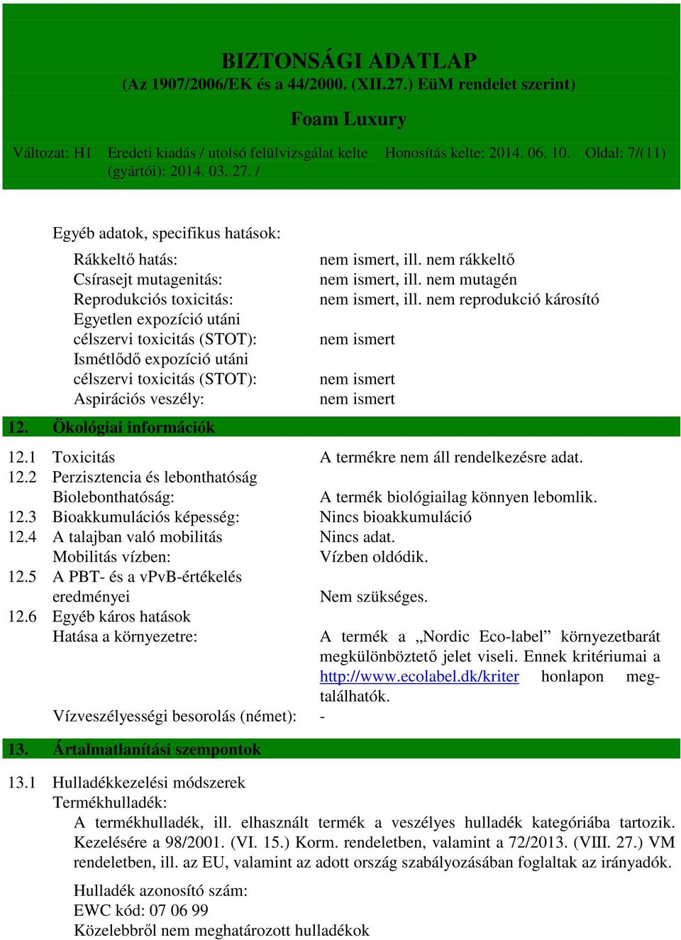 toxicitás (STOT): Aspirációs veszély: 12. Ökológiai információk nem ismert, ill. nem rákkeltő nem ismert, ill. nem mutagén nem ismert, ill.