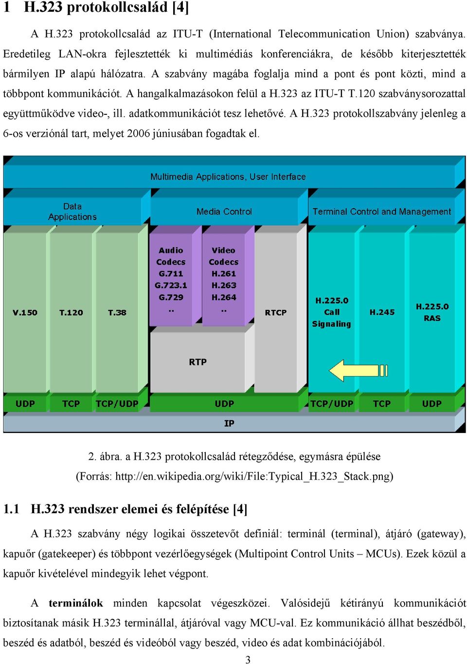 A szabvány magába foglalja mind a pont és pont közti, mind a többpont kommunikációt. A hangalkalmazásokon felül a H.323 az ITU-T T.120 szabványsorozattal együttműködve video-, ill.
