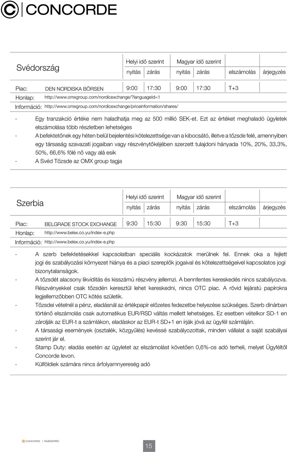 jogaiban vagy részvénytőkéjében szerzett tulajdoni hányada 10%, 20%, 33,3%, 50%, 66,6% fölé nő vagy alá esik - A Svéd Tőzsde az OMX group tagja Szerbia BELGRADE STOCK EXCHANGE 9:30 15:30 9:30 15:30