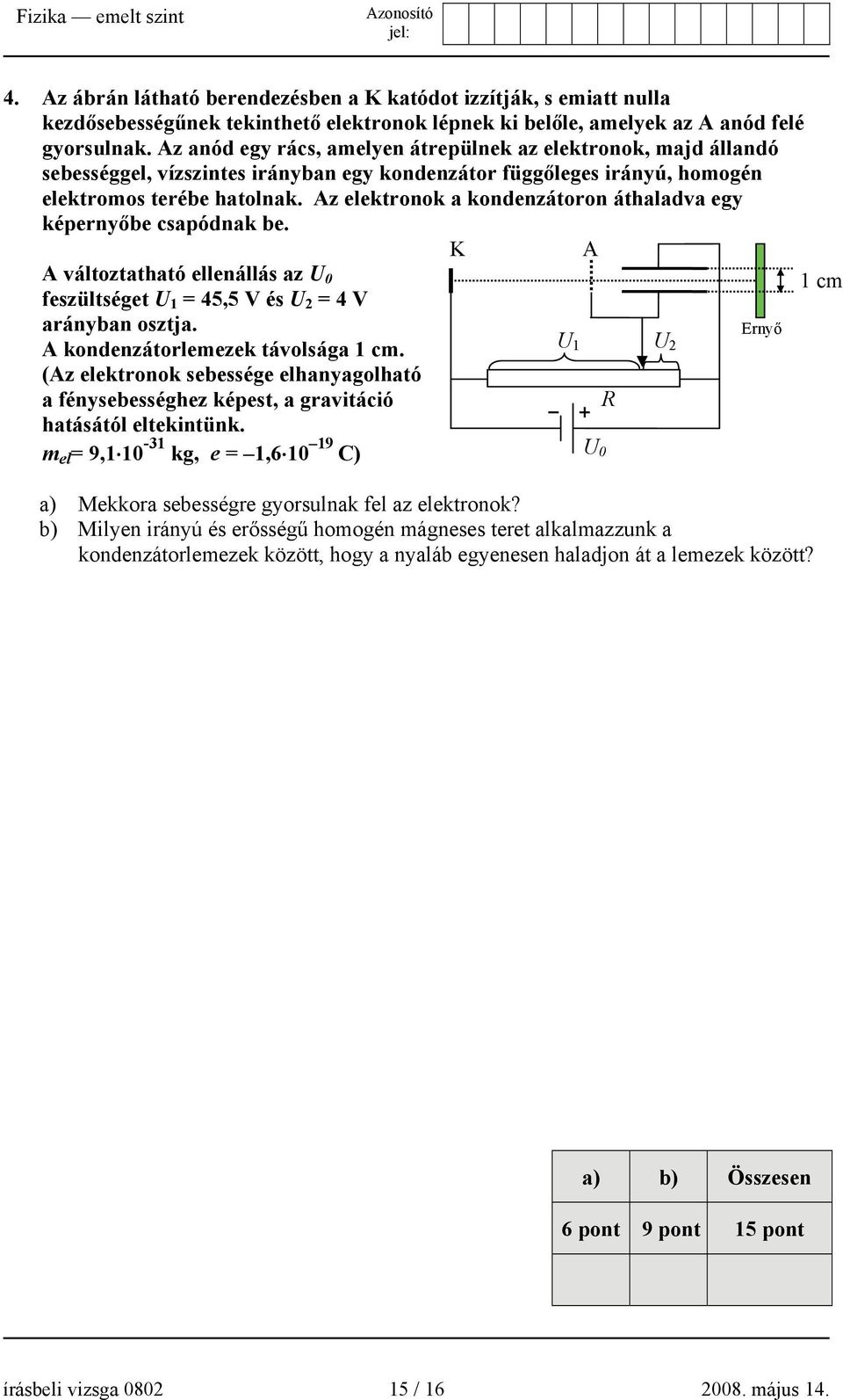 Az elektronok a kondenzátoron áthaladva egy képernyőbe csapódnak be. A változtatható ellenállás az U 0 feszültséget U 1 = 45,5 V és U 2 = 4 V arányban osztja. A kondenzátorlemezek távolsága 1 cm.