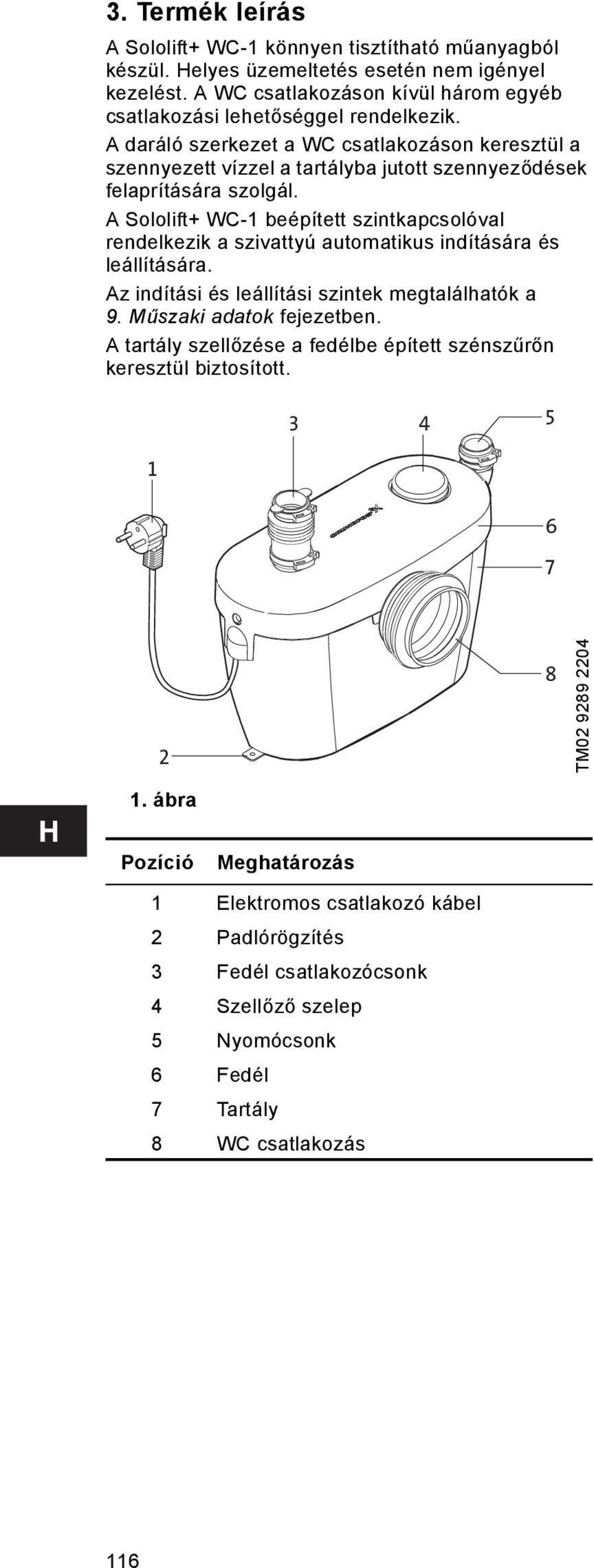 A Sololift+ WC-1 beépített szintkapcsolóval rendelkezik a szivattyú automatikus indítására és leállítására. Az indítási és leállítási szintek megtalálhatók a 9. Műszaki adatok fejezetben.