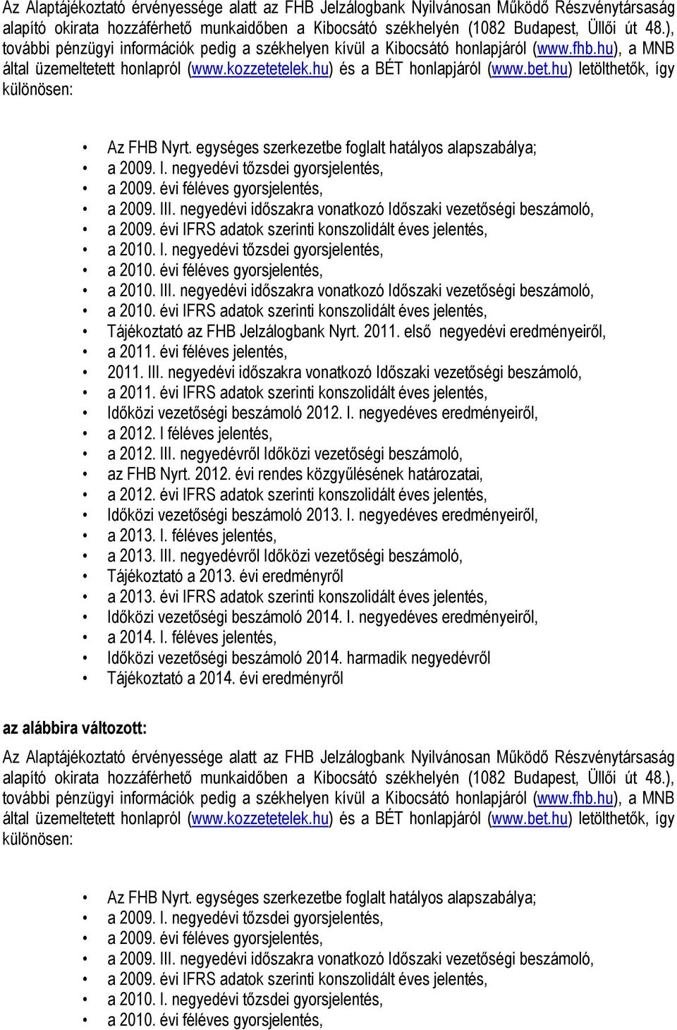 hu) letölthetők, így különösen: Az FHB Nyrt. egységes szerkezetbe foglalt hatályos alapszabálya; a 2009. I. negyedévi tőzsdei gyorsjelentés, a 2009. évi féléves gyorsjelentés, a 2009. III.