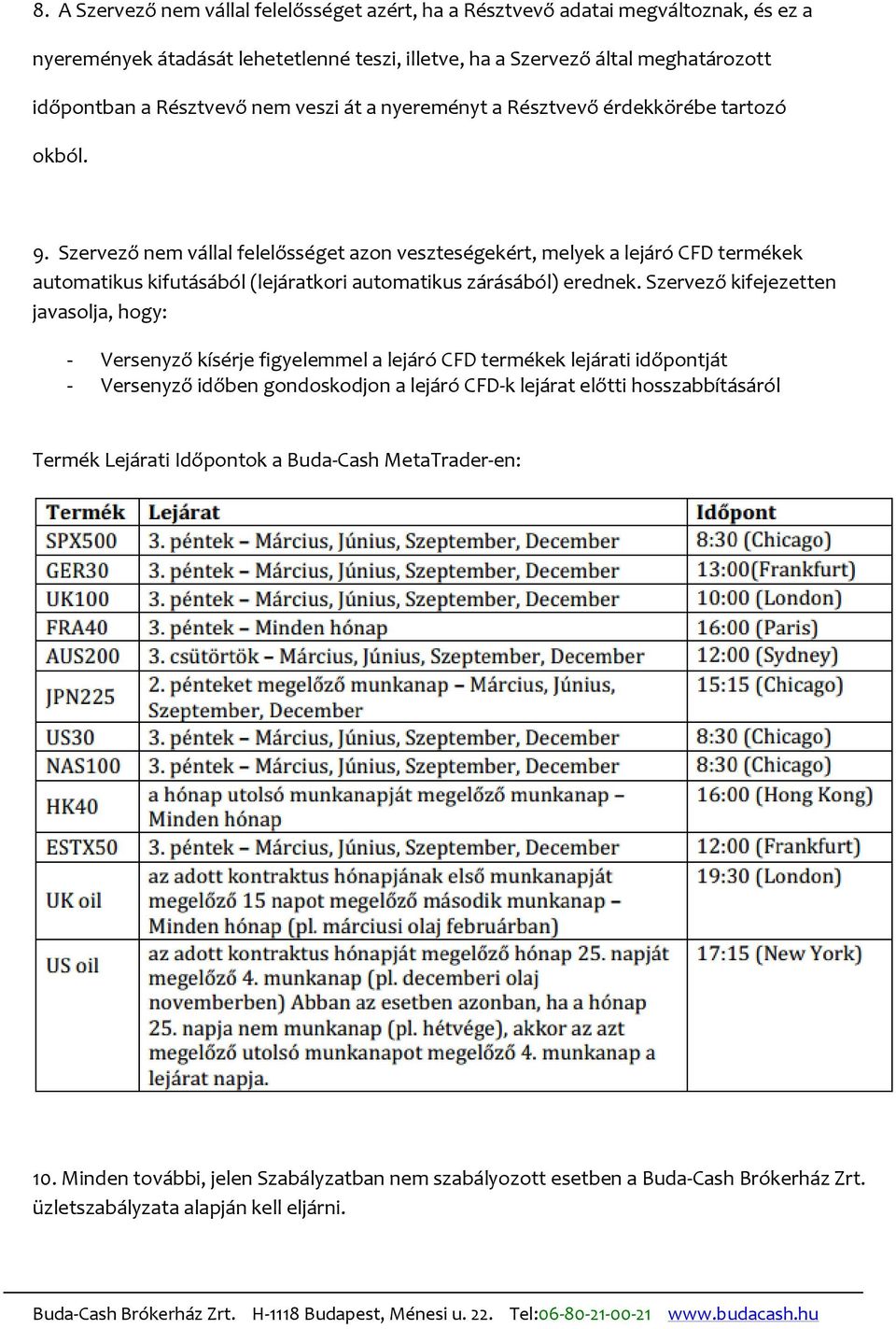 Szervező nem vállal felelősséget azon veszteségekért, melyek a lejáró CFD termékek automatikus kifutásából (lejáratkori automatikus zárásából) erednek.