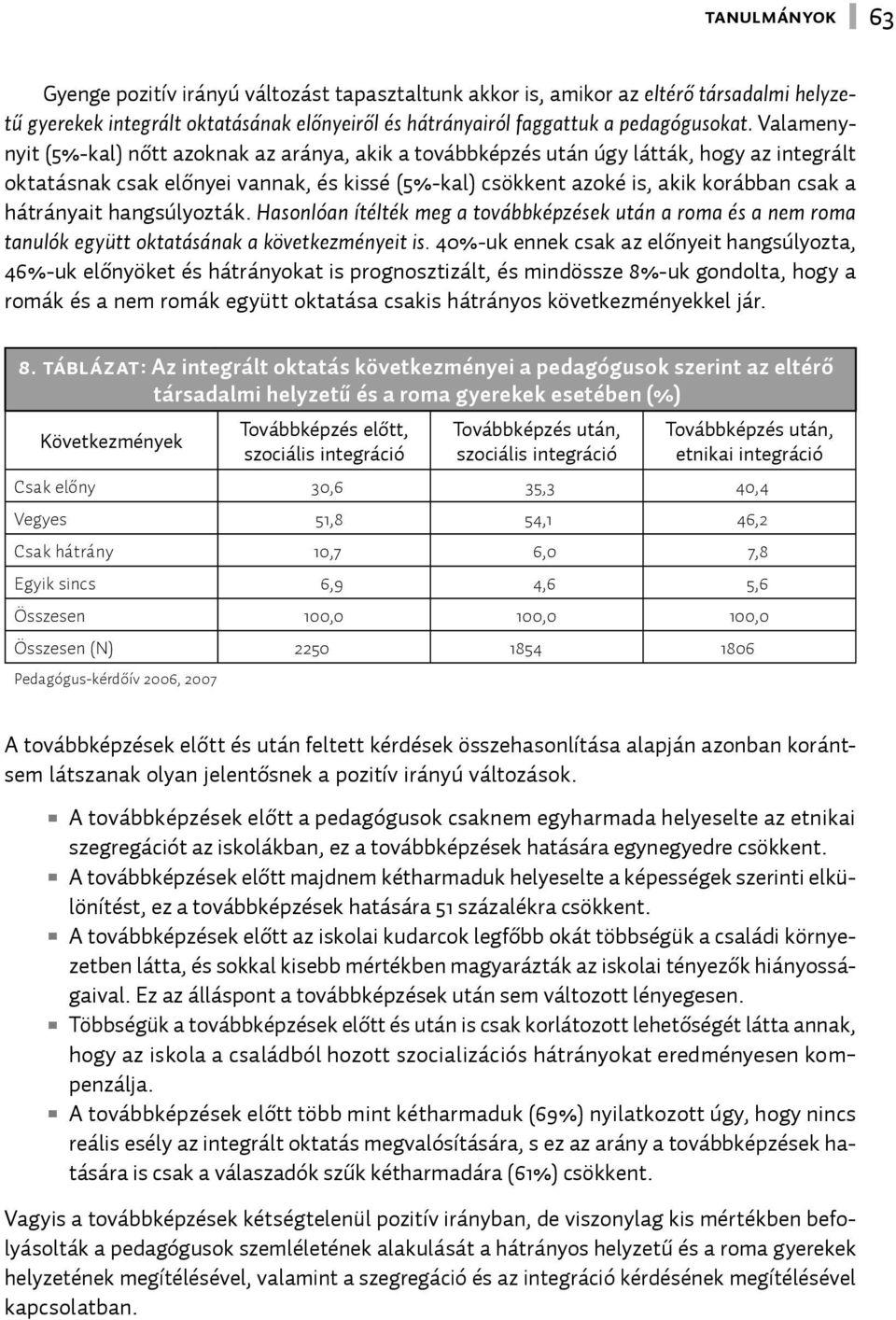 hátrányait hangsúlyozták. Hasonlóan ítélték meg a továbbképzések után a roma és a nem roma tanulók együtt oktatásának a következményeit is.