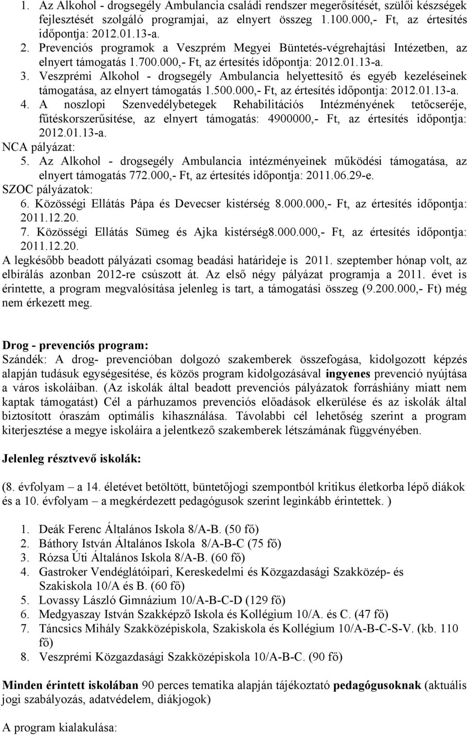 Veszprémi Alkohol - drogsegély Ambulancia helyettesítő és egyéb kezeléseinek támogatása, az elnyert támogatás 1.500.000,- Ft, az értesítés időpontja: 2012.01.13-a. 4.