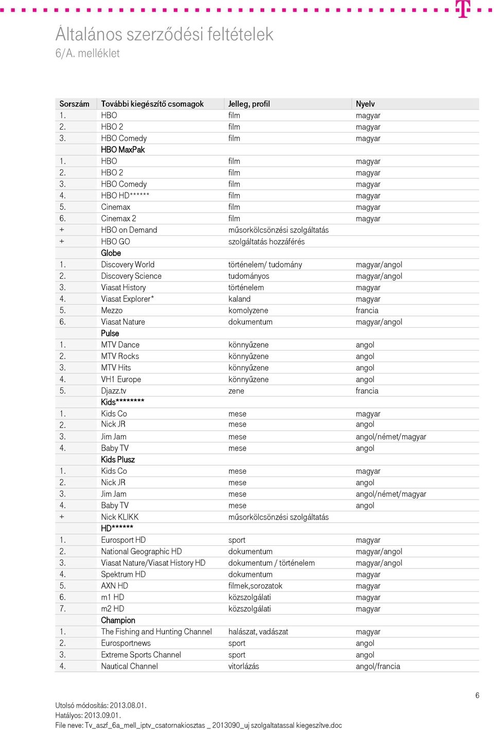 Discovery World történelem/ tudomány magyar/angol 2. Discovery Science tudományos magyar/angol 3. Viasat History történelem magyar 4. Viasat Explorer* kaland magyar 5. Mezzo komolyzene francia 6.