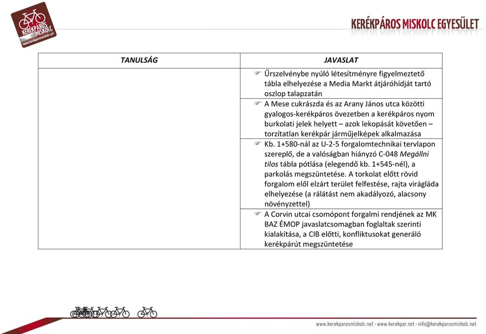 1+580 nál az U 2 5 forgalomtechnikai tervlapon szereplő, de a valóságban hiányzó C 048 Megállni tilos tábla pótlása (elegendő kb. 1+545 nél), a parkolás megszüntetése.