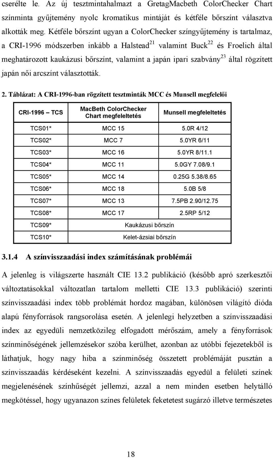 ipari szabvány 23 által rögzített japán női arcszínt választották. 2. Táblázat: A CRI-1996-ban rögzített tesztminták MCC és Munsell megfelelői CRI-1996 TCS MacBeth ColorChecker Chart megfeleltetés Munsell megfeleltetés TCS01* MCC 15 5.