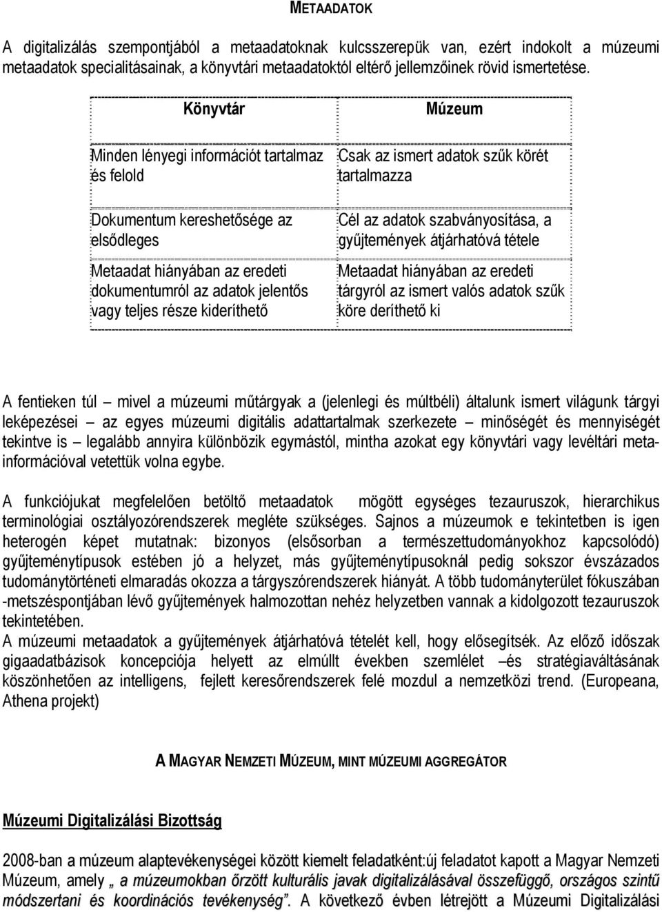 az ismert adatok szűk körét tartalmazza Cél az adatok szabványosítása, a gyűjtemények átjárhatóvá tétele Metaadat hiányában az eredeti tárgyról az ismert valós adatok szűk köre deríthető ki A