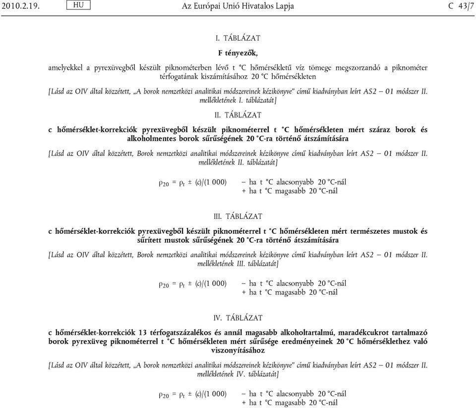 közzétett, A borok nemzetközi analitikai módszereinek kézikönyve című kiadványban leírt AS2 01 módszer II. mellékletének I. táblázatát] II.