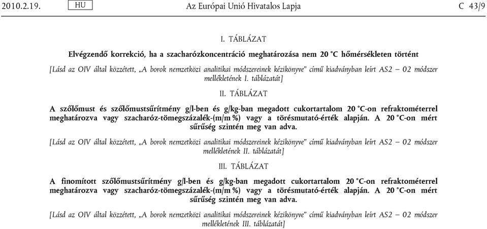 kiadványban leírt AS2 02 módszer mellékletének I. táblázatát] II.