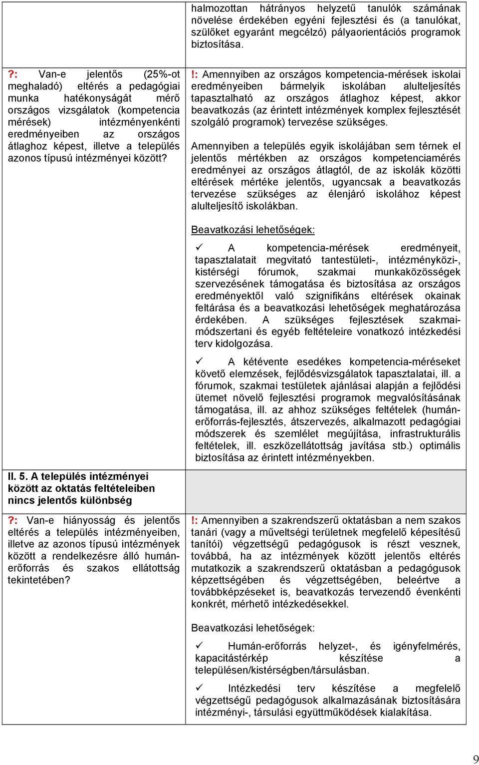 település azonos típusú intézményei között? II. 5. A település intézményei között az oktatás feltételeiben nincs jelentős különbség?