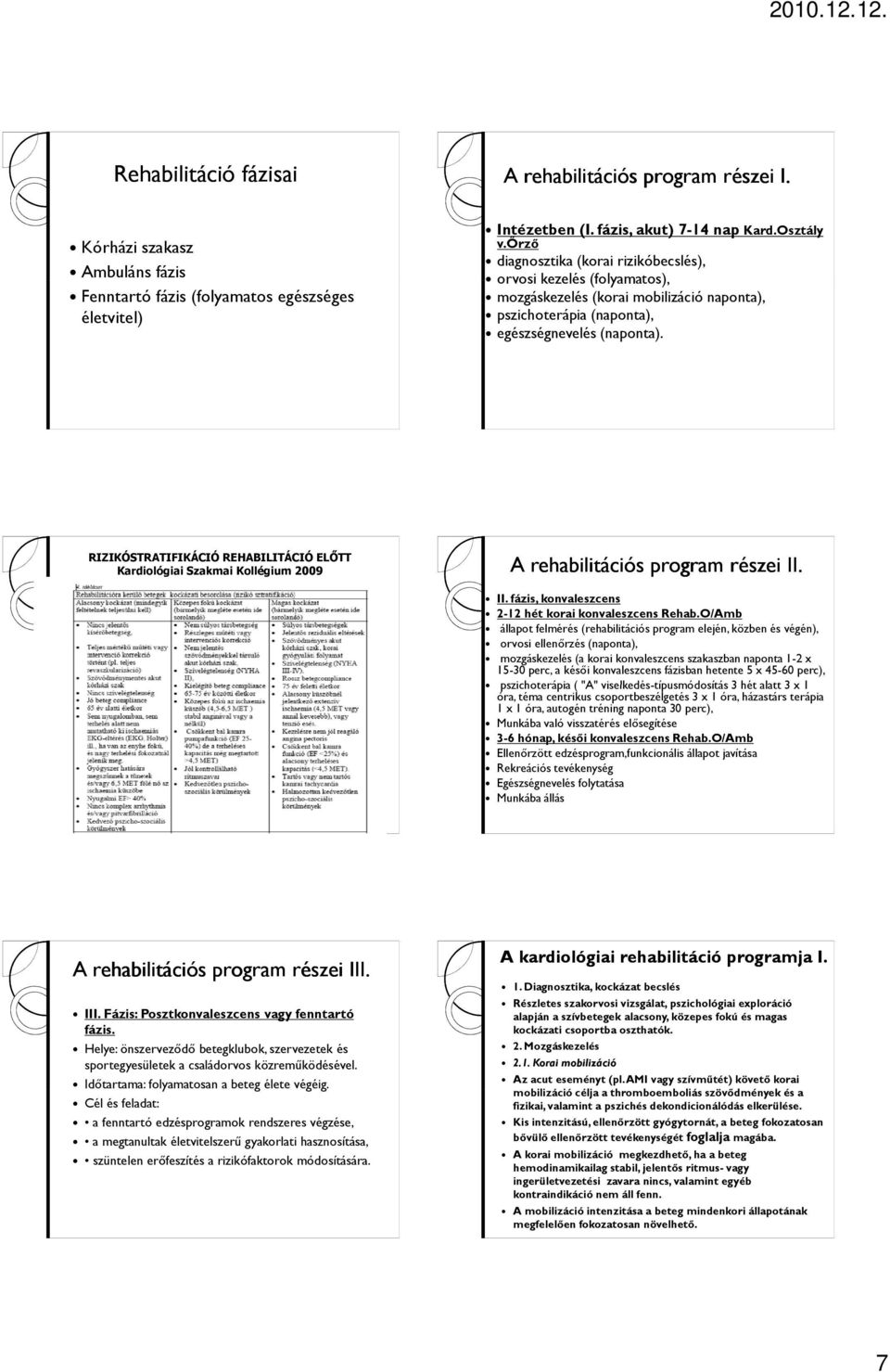 RIZIKÓSTRATIFIKÁCIÓ REHABILITÁCIÓ ELŐTT Kardiológiai Szakmai Kollégium 2009 A rehabilitációs program részei II. II. fázis, konvaleszcens 2-12 hét korai konvaleszcens Rehab.