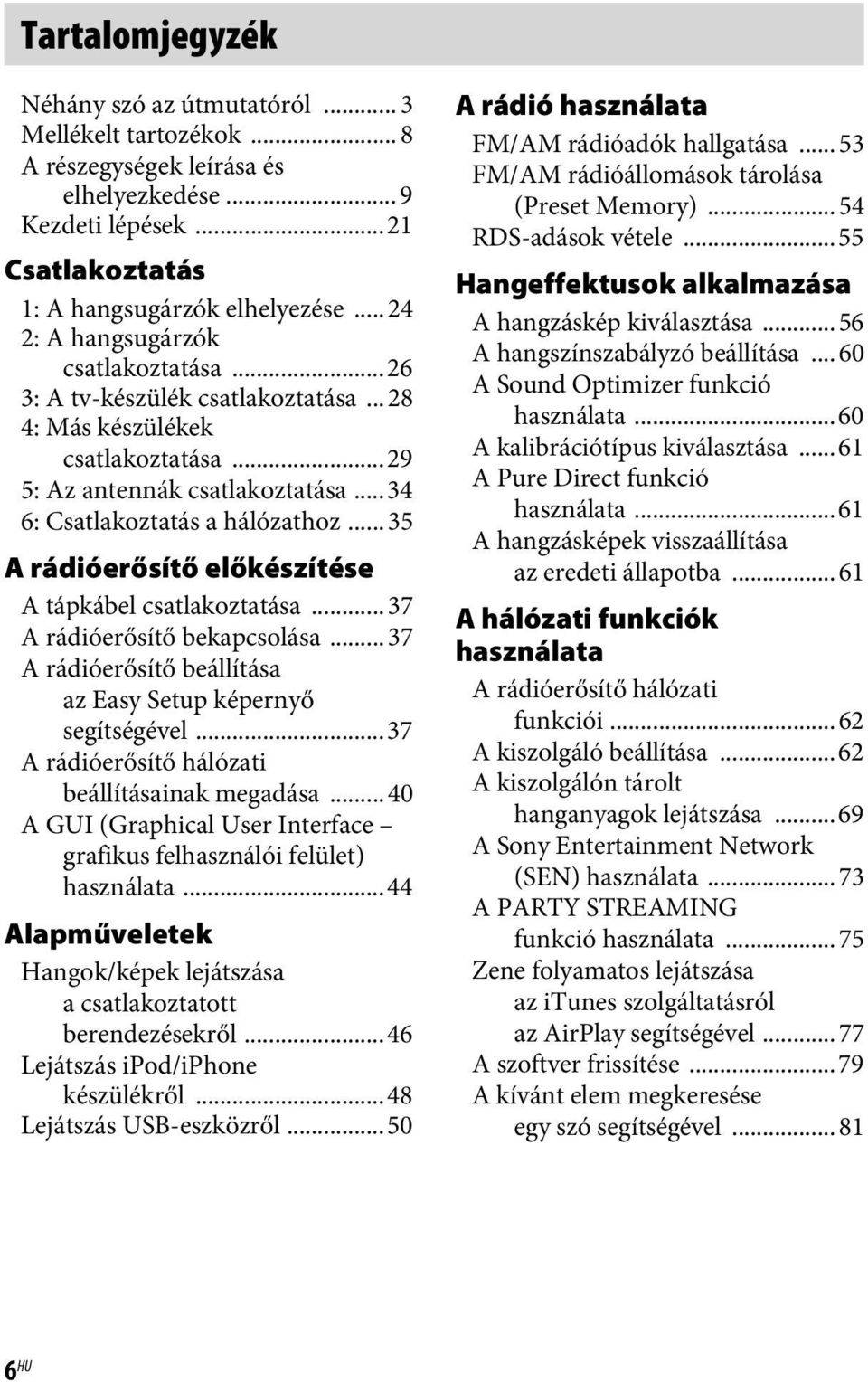 ..35 A rádióerősítő előkészítése A tápkábel csatlakoztatása...37 A rádióerősítő bekapcsolása...37 A rádióerősítő beállítása az Easy Setup képernyő segítségével.