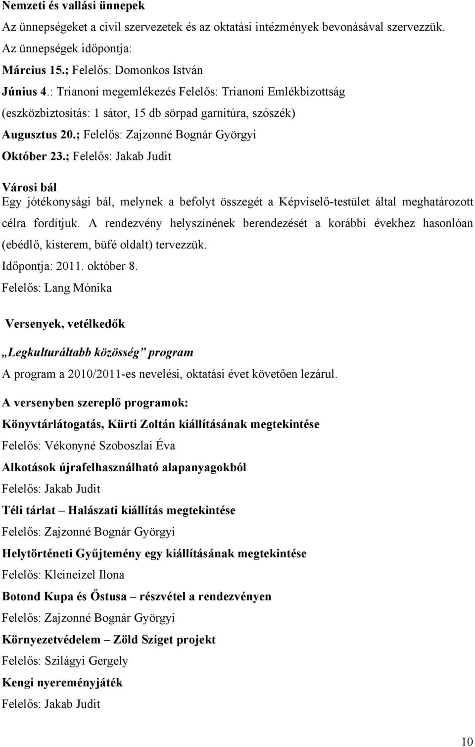 ; Felelős: Jakab Judit Városi bál Egy jótékonysági bál, melynek a befolyt összegét a Képviselő-testület által meghatározott célra fordítjuk.