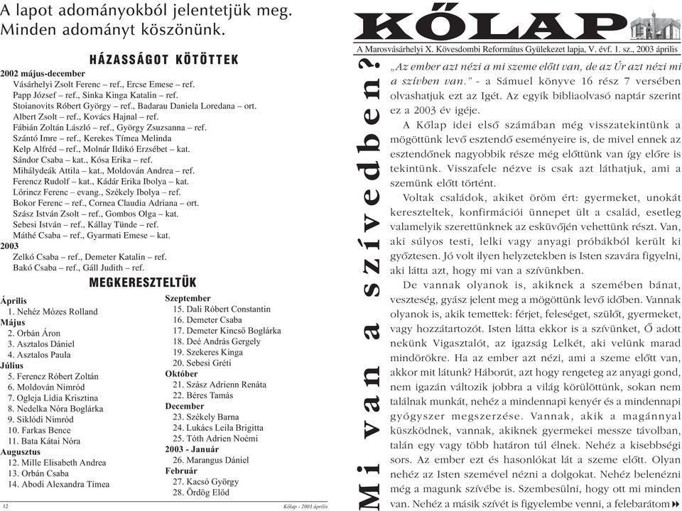 , Kerekes Tímea Melinda Kelp Alfréd ref., Molnár Ildikó Erzsébet kat. Sándor Csaba kat., Kósa Erika ref. Mihálydeák Attila kat., Moldován Andrea ref. Ferencz Rudolf kat., Kádár Erika Ibolya kat.