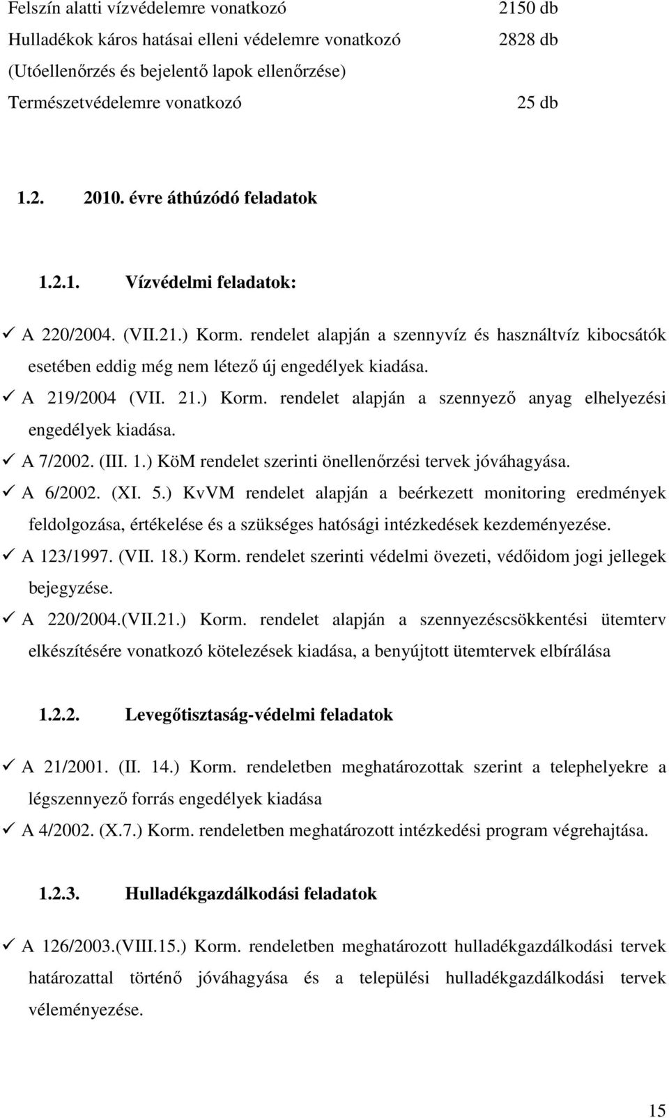 A 219/2004 (VII. 21.) Korm. rendelet alapján a szennyezı anyag elhelyezési engedélyek kiadása. A 7/2002. (III. 1.) KöM rendelet szerinti önellenırzési tervek jóváhagyása. A 6/2002. (XI. 5.