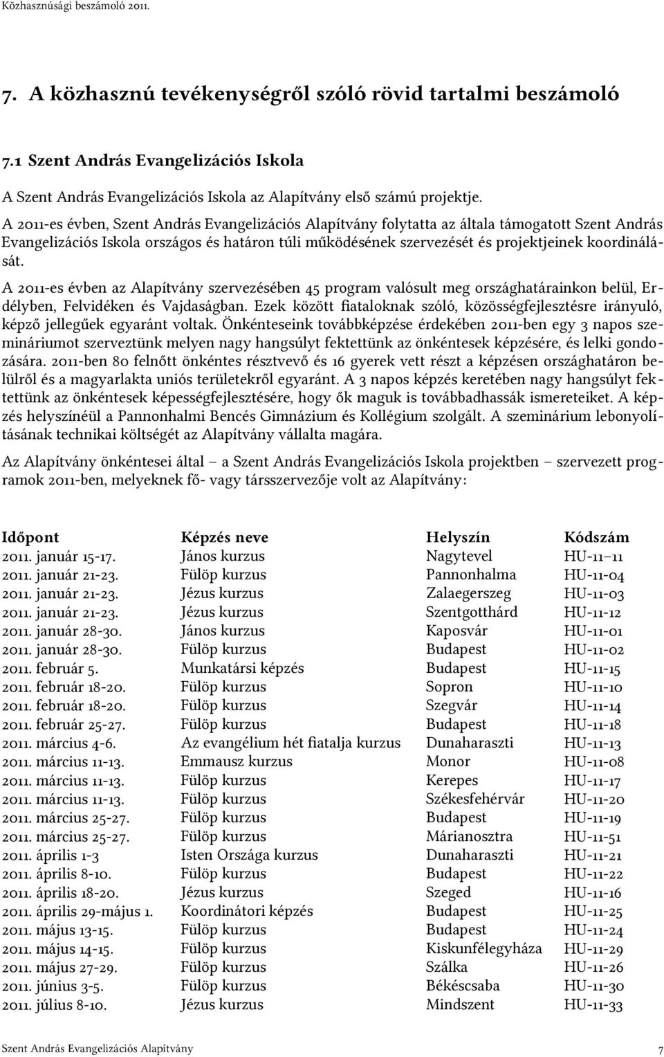 A 2011-es évben, Szent András Evangelizációs Alapítvány folytatta az általa támogatott Szent András Evangelizációs Iskola országos és határon túli működésének szervezését és projektjeinek