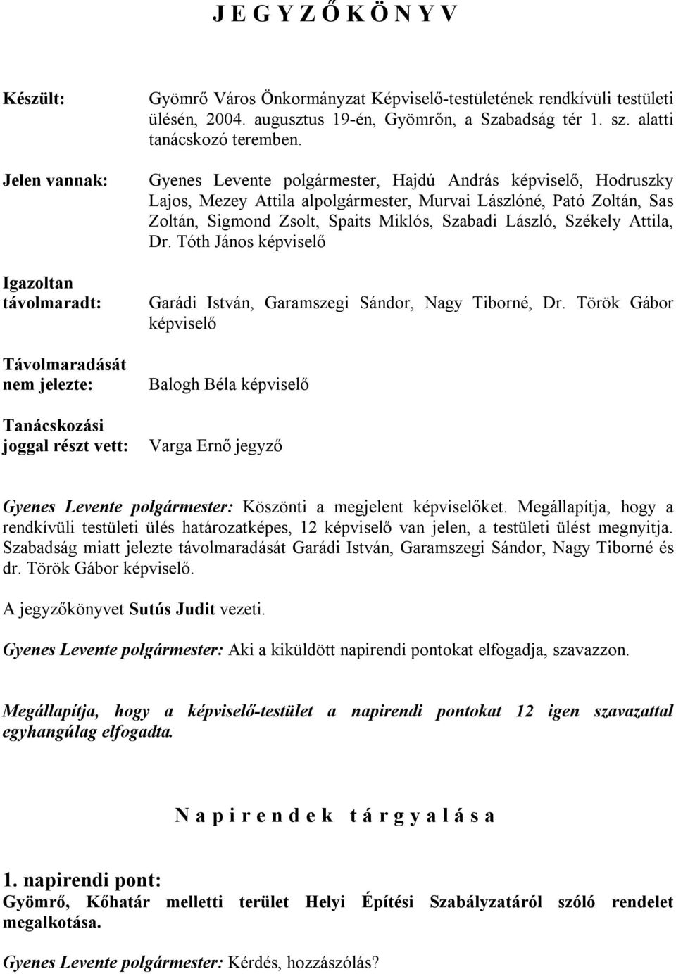 Gyenes Levente polgármester, Hajdú András képviselő, Hodruszky Lajos, Mezey Attila alpolgármester, Murvai Lászlóné, Pató Zoltán, Sas Zoltán, Sigmond Zsolt, Spaits Miklós, Szabadi László, Székely