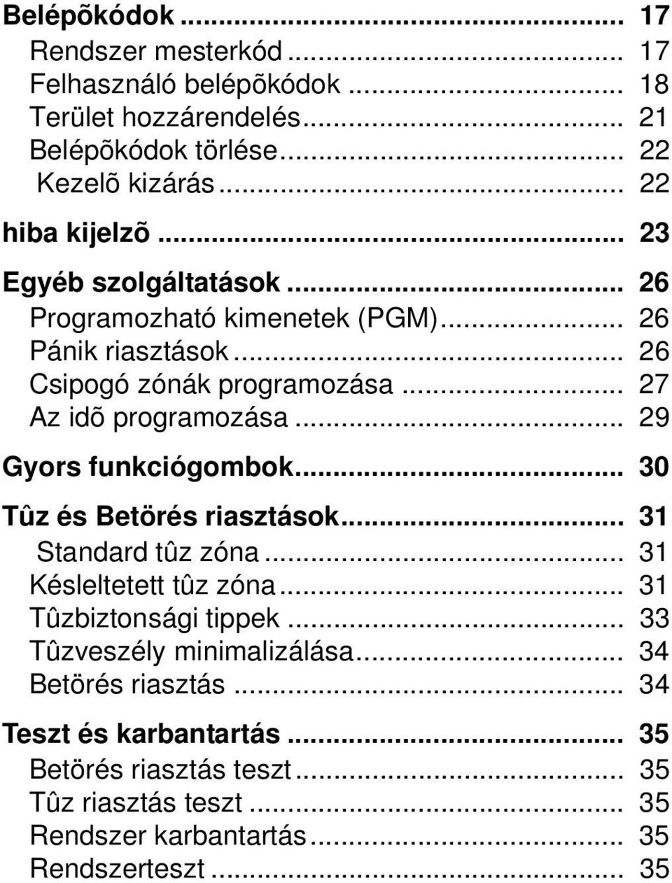 .. 29 Gyors funkciógombok... 30 Tûz és Betörés riasztások... 31 Standard tûz zóna... 31 Késleltetett tûz zóna... 31 Tûzbiztonsági tippek.