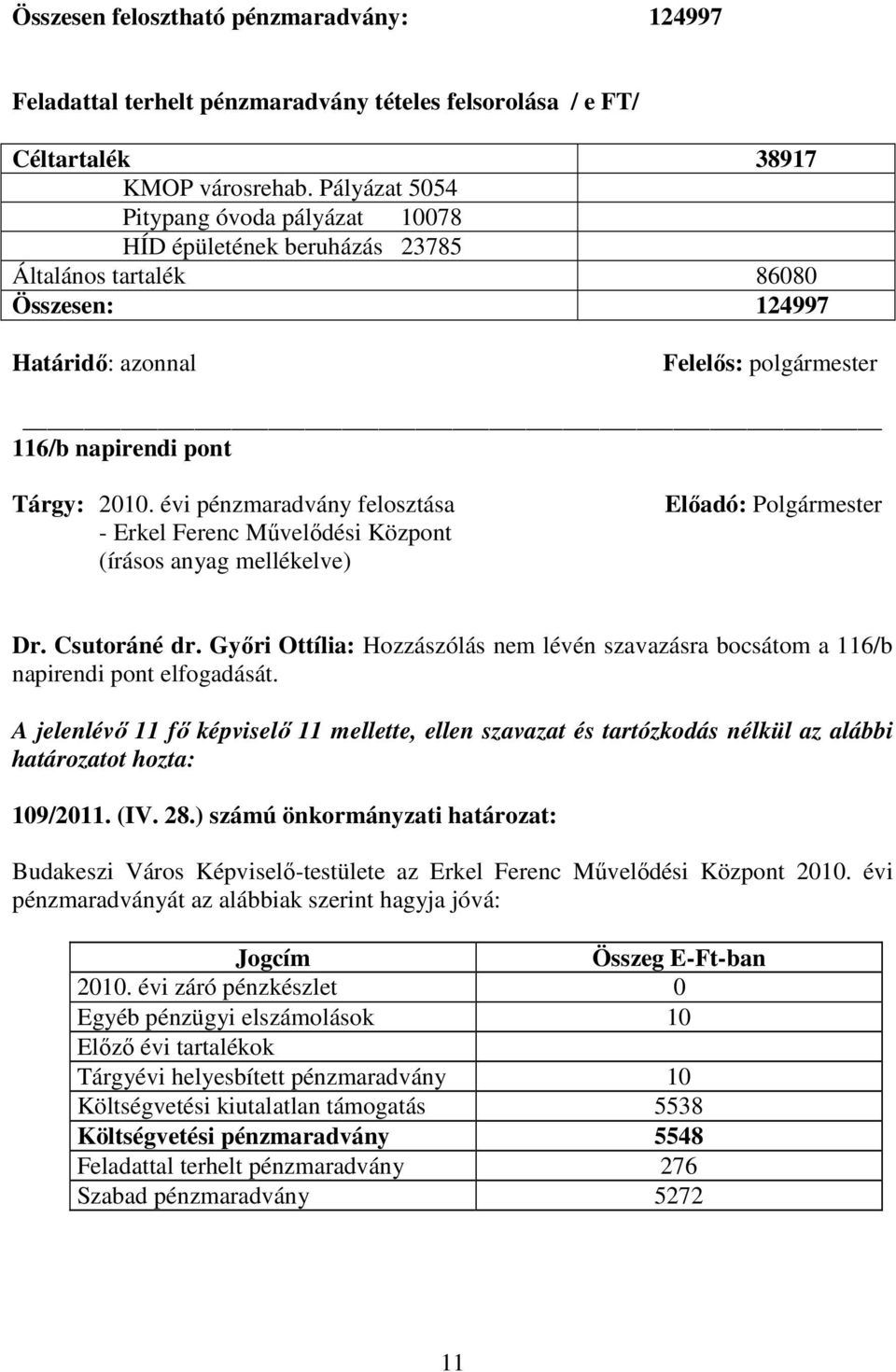 évi pénzmaradvány felosztása - Erkel Ferenc Mővelıdési Központ (írásos anyag mellékelve) Elıadó: Polgármester Dr. Csutoráné dr.