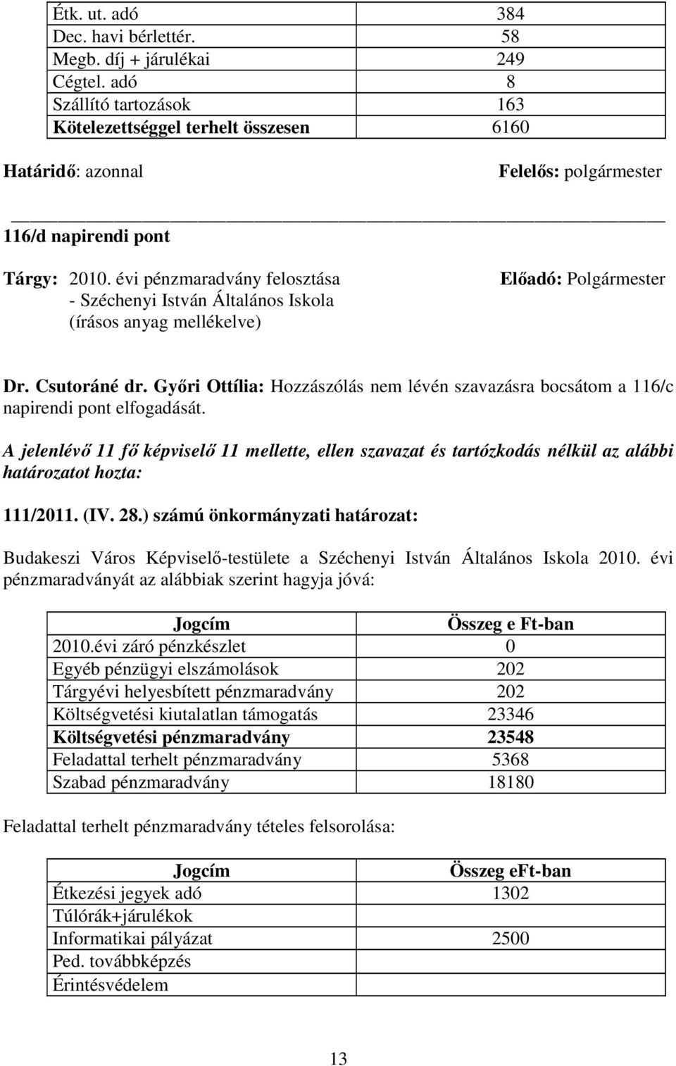 évi pénzmaradvány felosztása - Széchenyi István Általános Iskola (írásos anyag mellékelve) Elıadó: Polgármester Dr. Csutoráné dr.