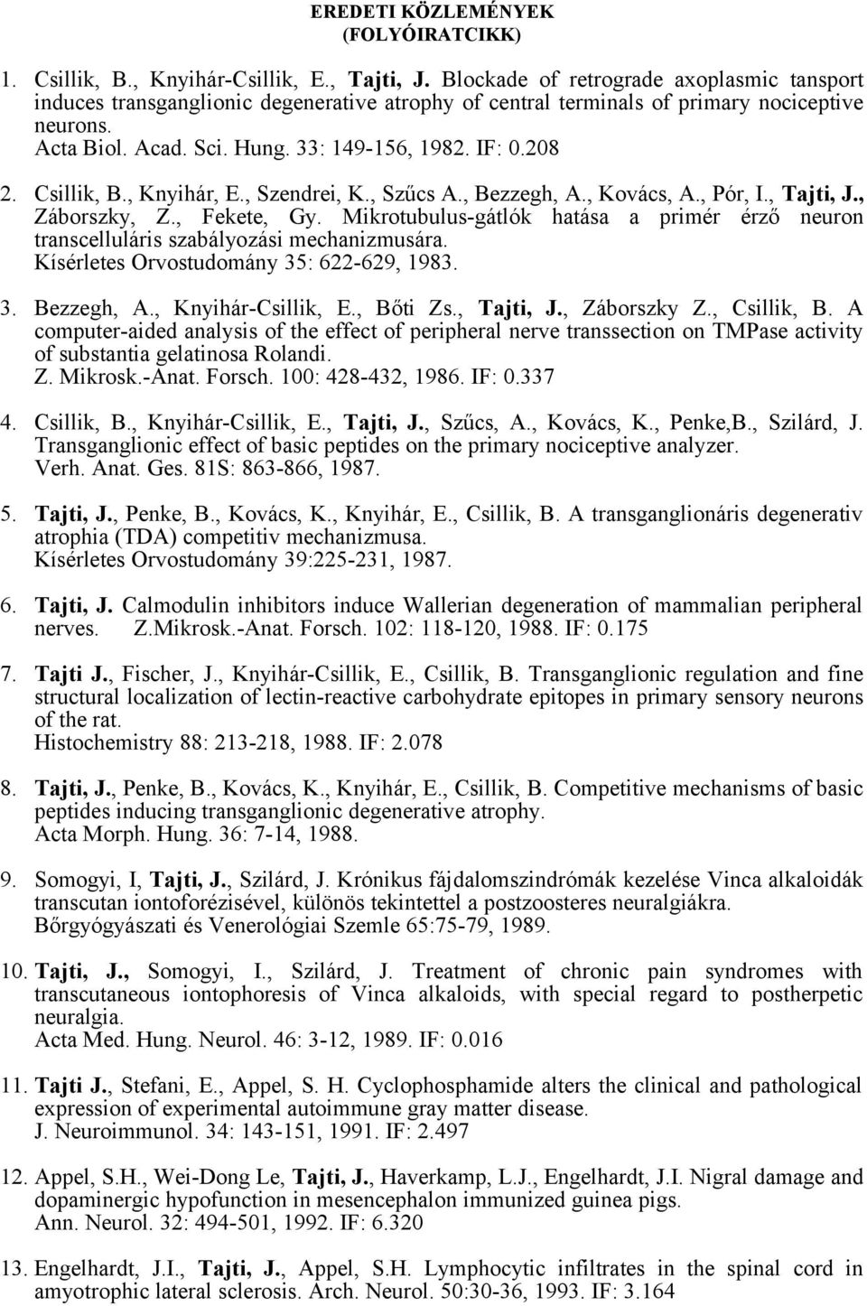 Csillik, B., Knyihár, E., Szendrei, K., Szűcs A., Bezzegh, A., Kovács, A., Pór, I., Tajti, J., Záborszky, Z., Fekete, Gy.