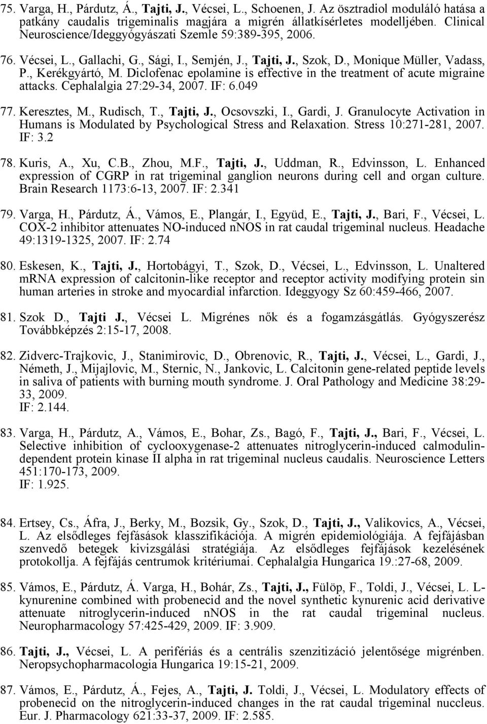 Diclofenac epolamine is effective in the treatment of acute migraine attacks. Cephalalgia 27:29-34, 2007. IF: 6.049 77. Keresztes, M., Rudisch, T., Tajti, J., Ocsovszki, I., Gardi, J.