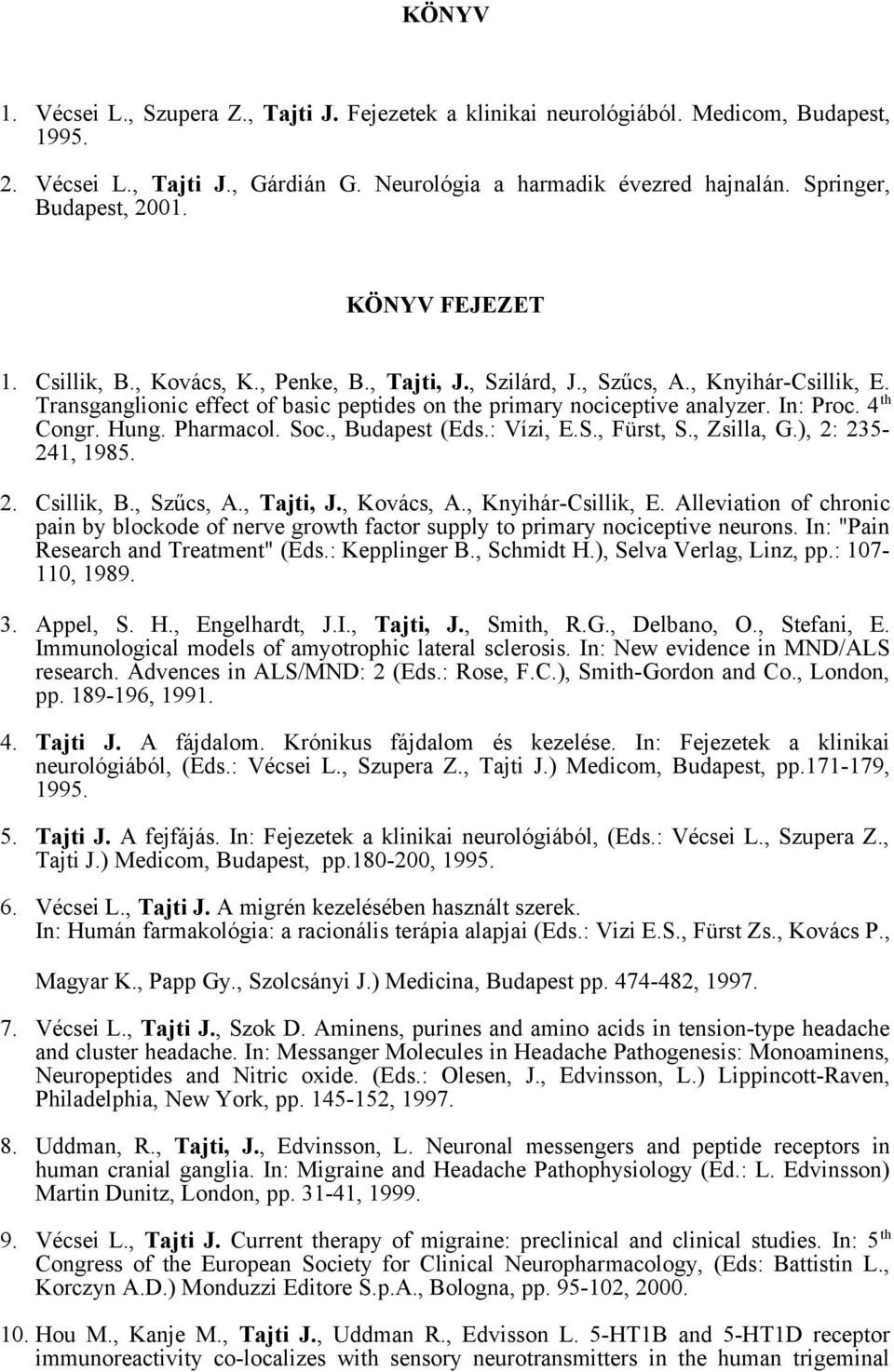 Transganglionic effect of basic peptides on the primary nociceptive analyzer. In: Proc. 4 th Congr. Hung. Pharmacol. Soc., Budapest (Eds.: Vízi, E.S., Fürst, S., Zsilla, G.), 2: 235-241, 1985. 2. Csillik, B.