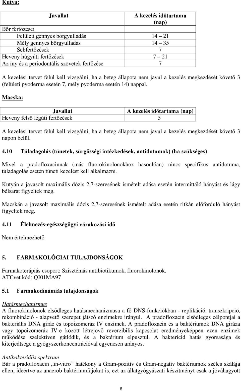 Macska: Javallat A kezelés időtartama (nap) Heveny felső légúti fertőzések 5 A kezelési tervet felül kell vizsgálni, ha a beteg állapota nem javul a kezelés megkezdését követő 3 napon belül. 4.