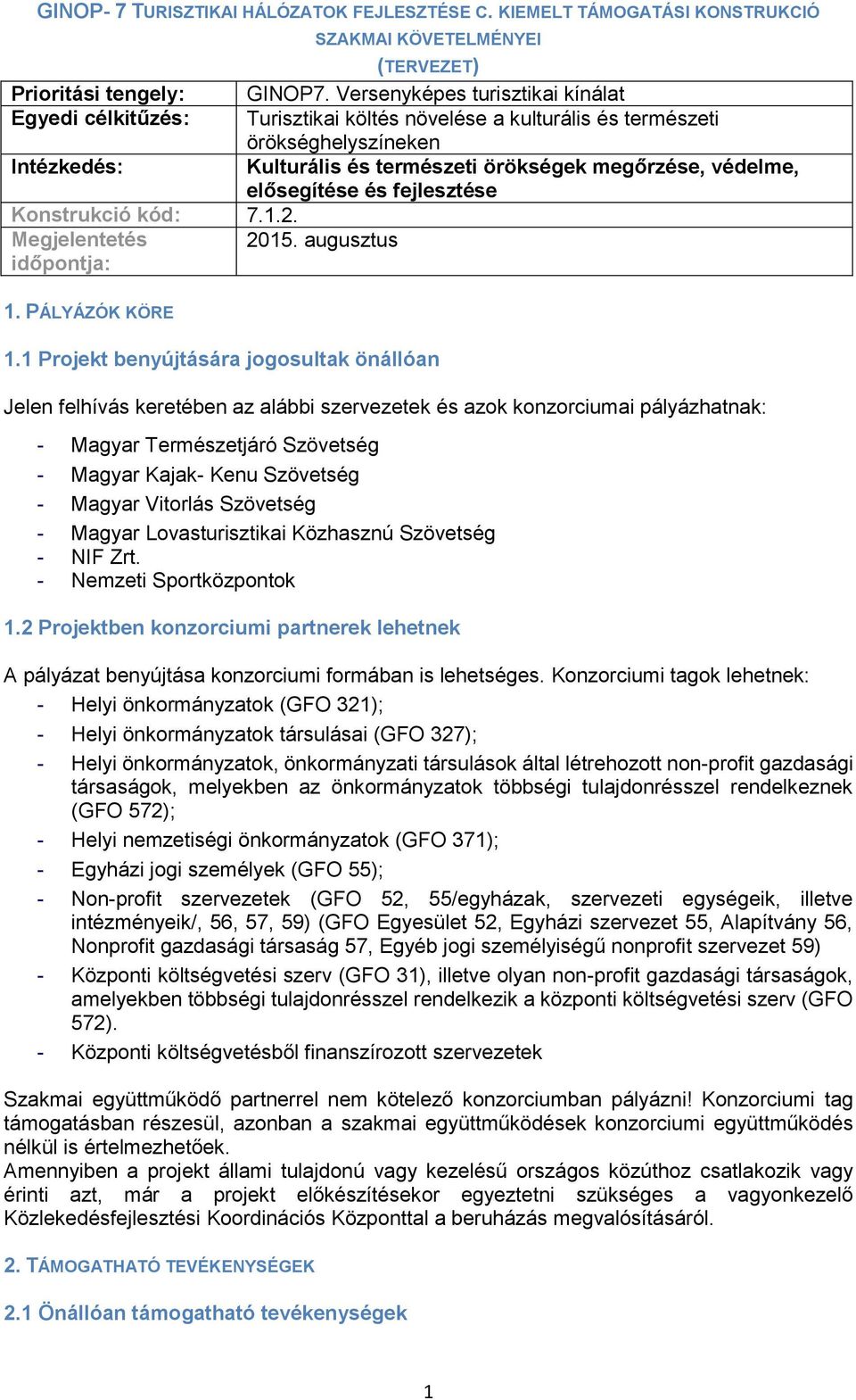 elősegítése és fejlesztése Konstrukció kód: 7.1.2. Megjelentetés 2015. augusztus időpontja: 1. PÁLYÁZÓK KÖRE 1.