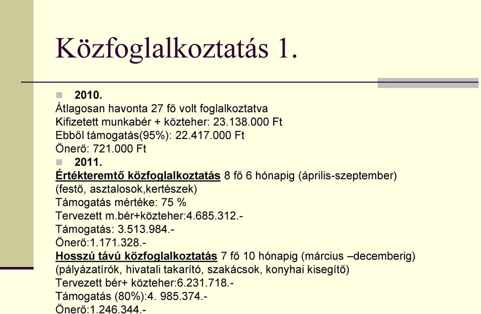 Értékteremtő közfoglalkoztatás 8 fő 6 hónapig (április-szeptember) (festő, asztalosok,kertészek) Támogatás mértéke: 75 % Tervezett m.