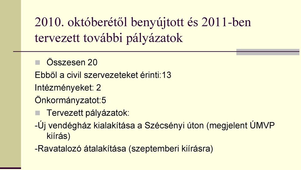 Önkormányzatot:5 Tervezett pályázatok: -Új vendégház kialakítása a