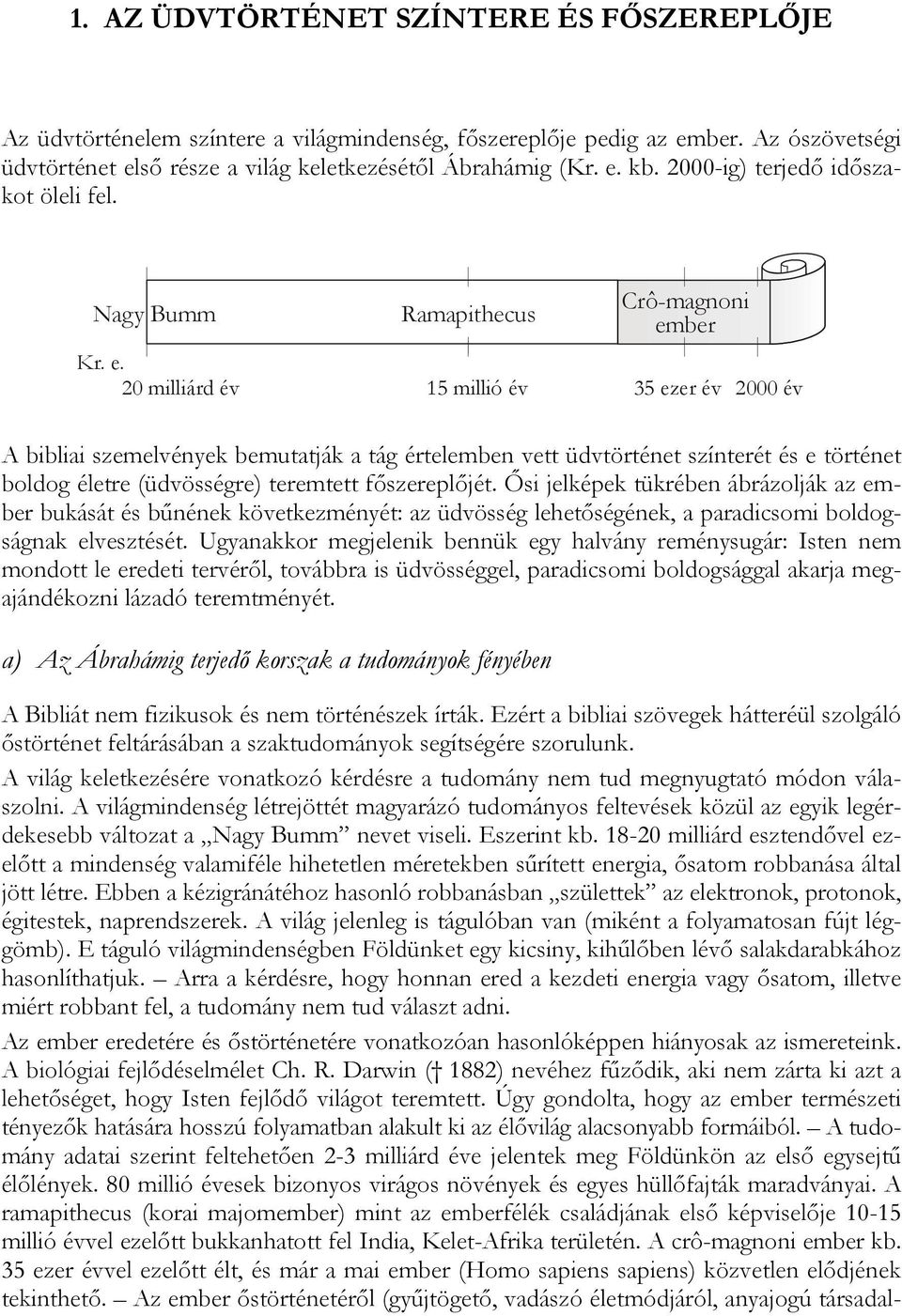 20 milliárd év Ramapithecus 15 millió év Crô-magnoni ember 35 ezer év 2000 év A bibliai szemelvények bemutatják a tág értelemben vett üdvtörténet színterét és e történet boldog életre (üdvösségre)