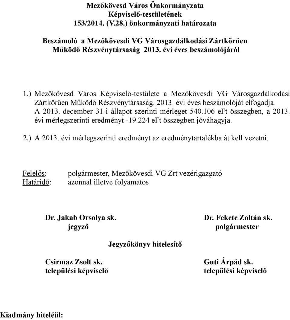 december 31-i állapot szerinti mérleget 540.106 eft összegben, a 2013. évi mérlegszerinti eredményt -19.224 eft összegben jóváhagyja. 2.) A 2013.