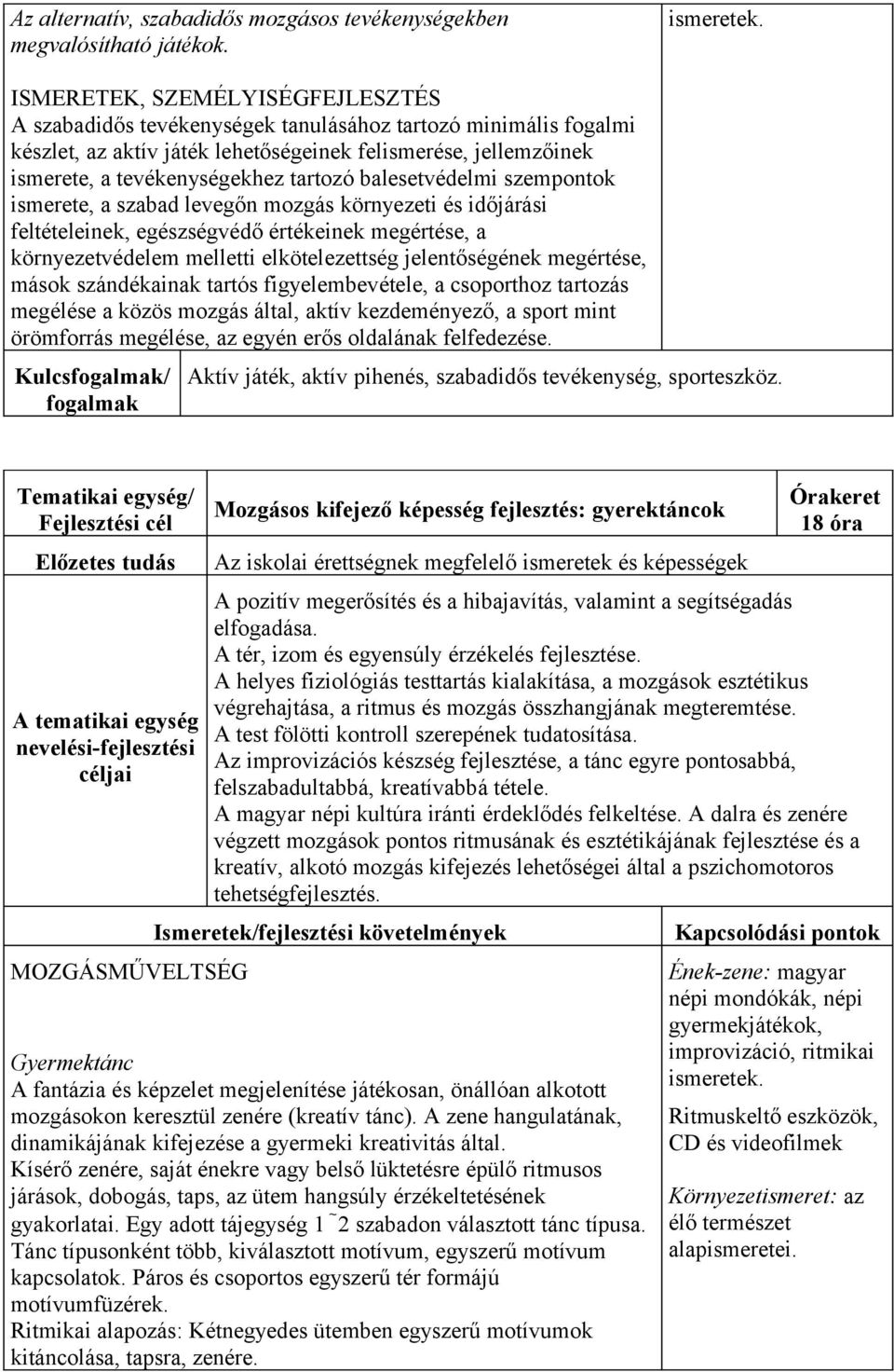 ismerete, a szabad levegőn mozgás környezeti és időjárási feltételeinek, egészségvédő értékeinek megértése, a környezetvédelem melletti elkötelezettség jelentőségének megértése, mások szándékainak